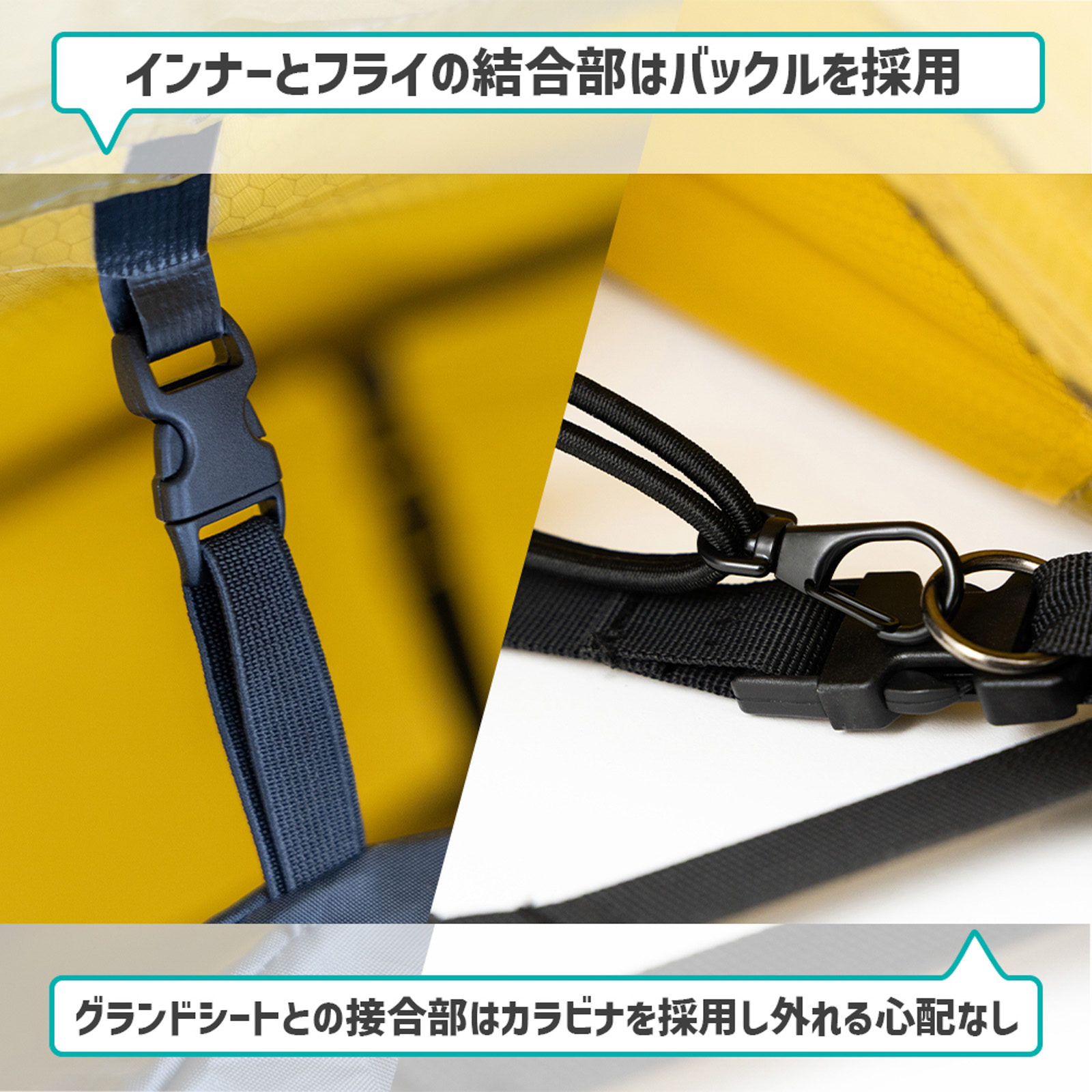 インナーとフライの結合部はバックルを採用、グランドシートとの結合部はバックルを採用